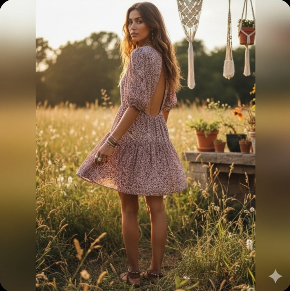 Free People Floral Open Back Puff Sleeve Mini Dress Boho S